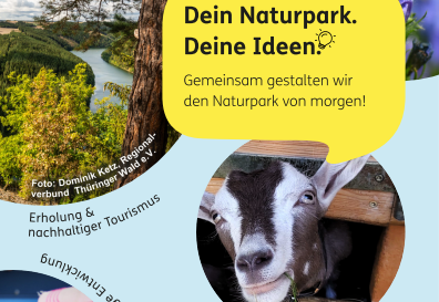 Ausschnitt aus der Postkarte zur Ideenkarte. Darauf steht geschrieben: Dein Naturpark. Deie Ideen. Gemeinsam gestalten wir den Naturpark von morgen!