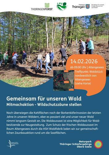 viele Menschen im Wald beim Aufbau der Wildschutzzäune